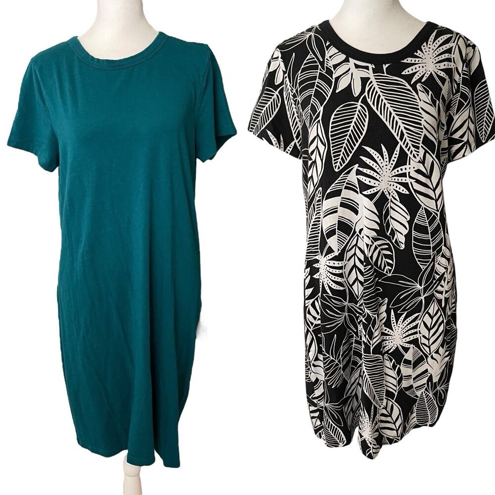 Set of 2 Old Navy Womens Large T-Shirt Dress Teal Printed Short Sleeve Basic
